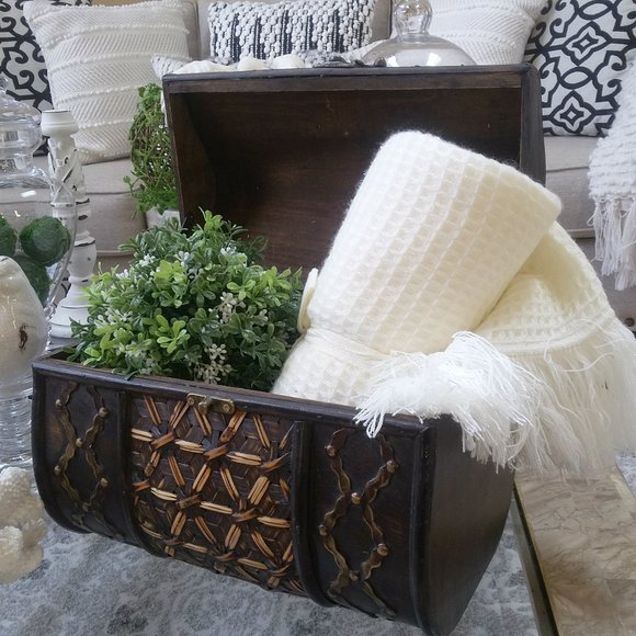 Vintage COTTAGE Wood METAL Rattan Decorative BOX